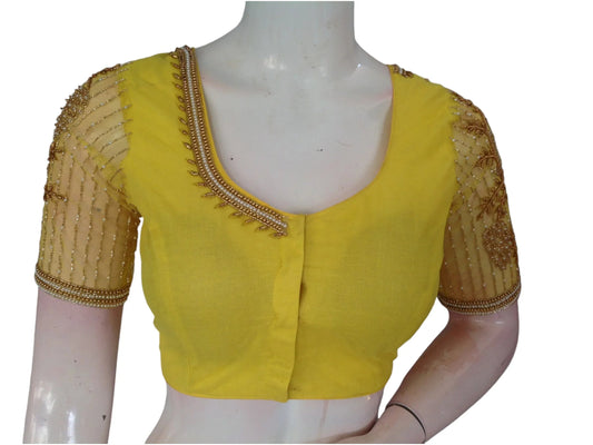 Yellow Color Designer Netted Aari Handwork Readymade Saree Blouses - D3blouses
