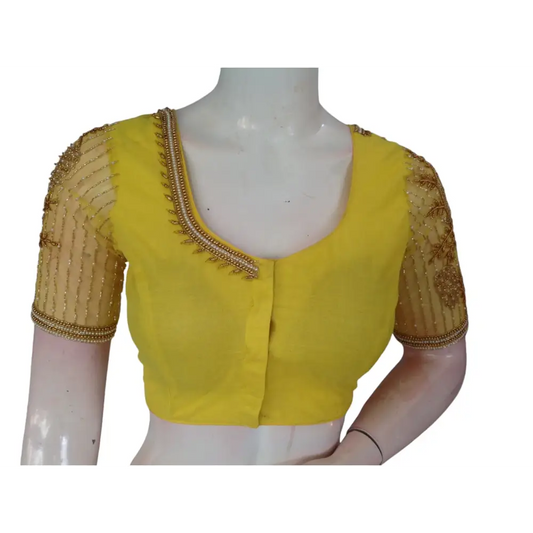 Yellow Color Designer Netted Aari Handwork Readymade Saree Blouses - D3blouses