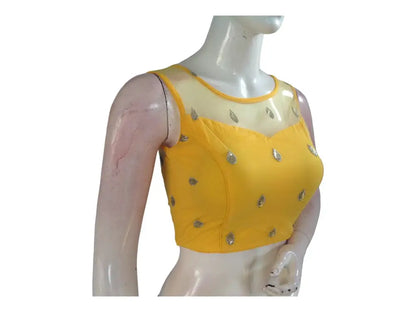 Yellow Color Designer Netted Party Wear Readymade Saree Blouses. - D3blouses