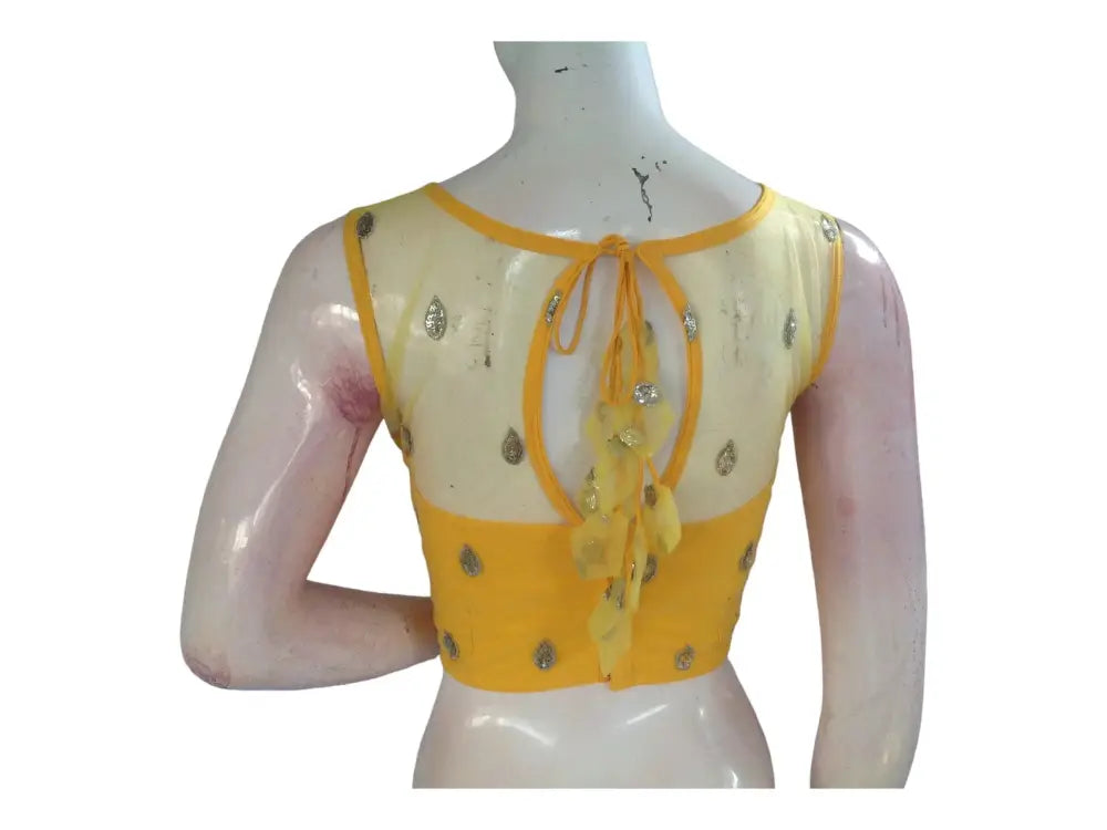 Yellow Color Designer Netted Party Wear Readymade Saree Blouses. - D3blouses