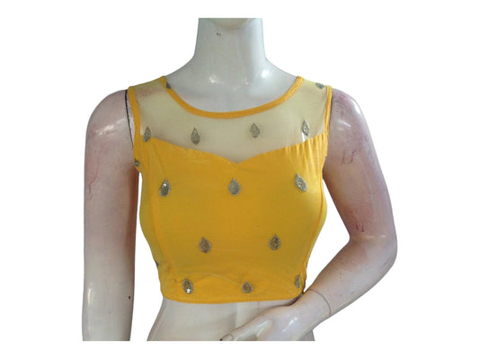 Yellow Color Designer Netted Party Wear Readymade Saree Blouses. - D3blouses