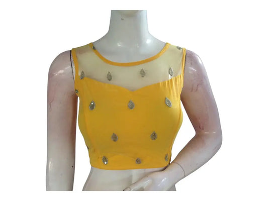 Yellow Color Designer Netted Party Wear Readymade Saree Blouses. - D3blouses