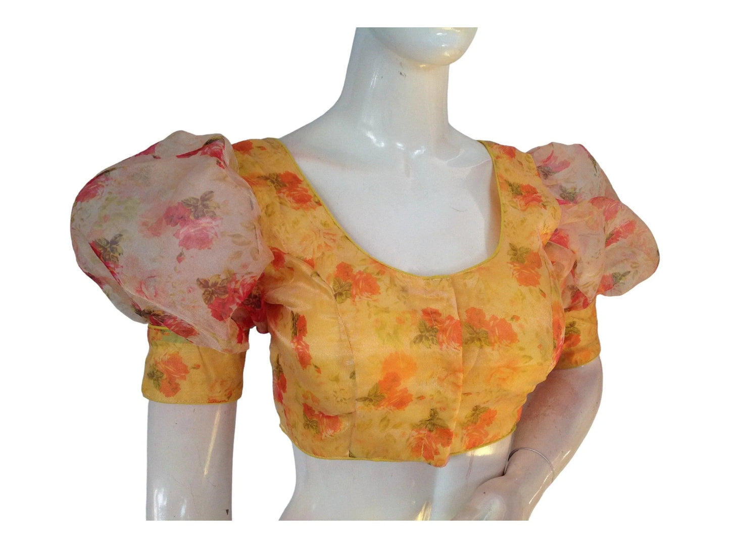 Yellow Color Designer Organza Balloon Sleeves Readymade Saree Blouse - D3blouses