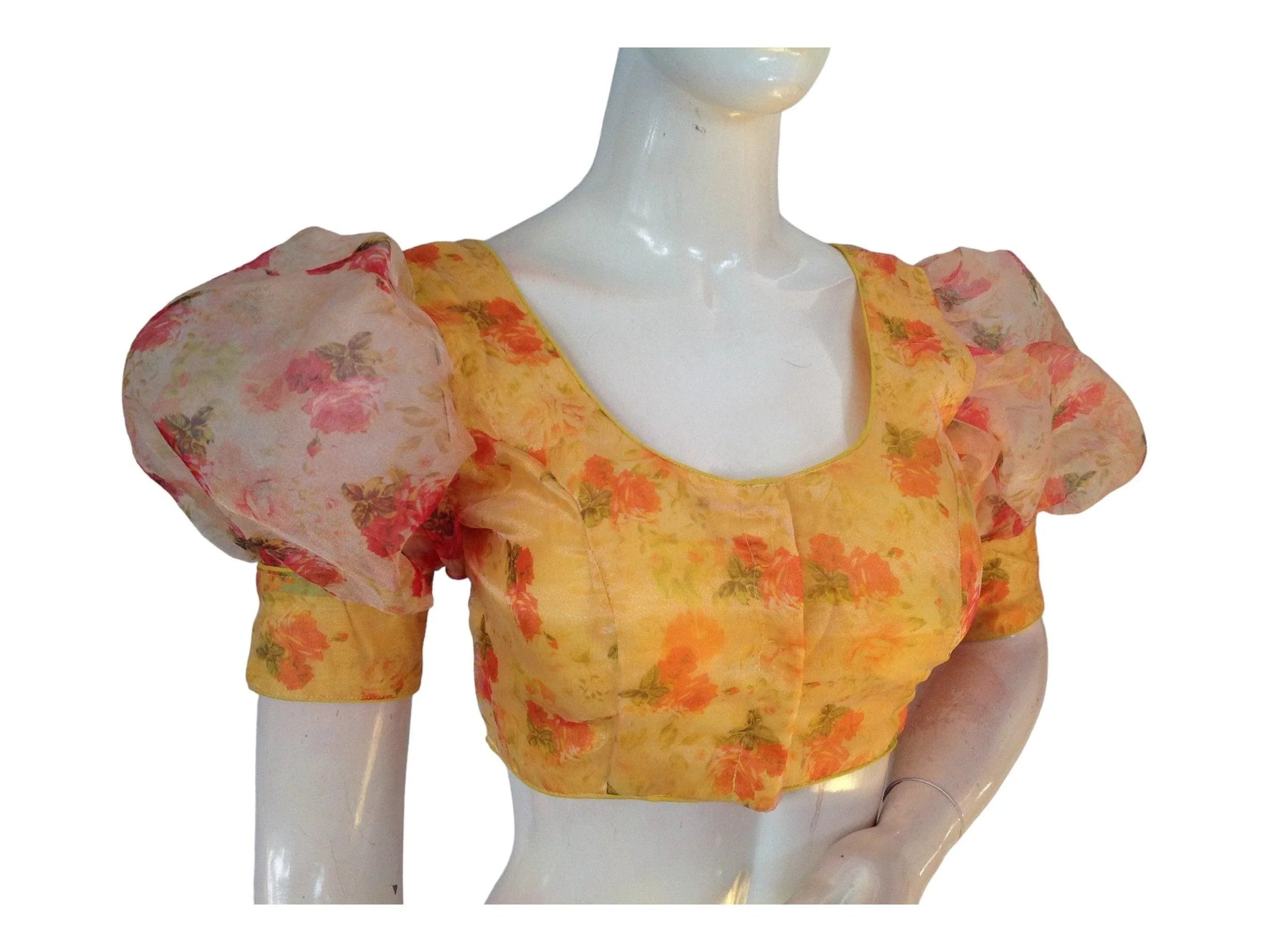 Yellow Color Designer Organza Balloon Sleeves Readymade Saree Blouse - D3blouses