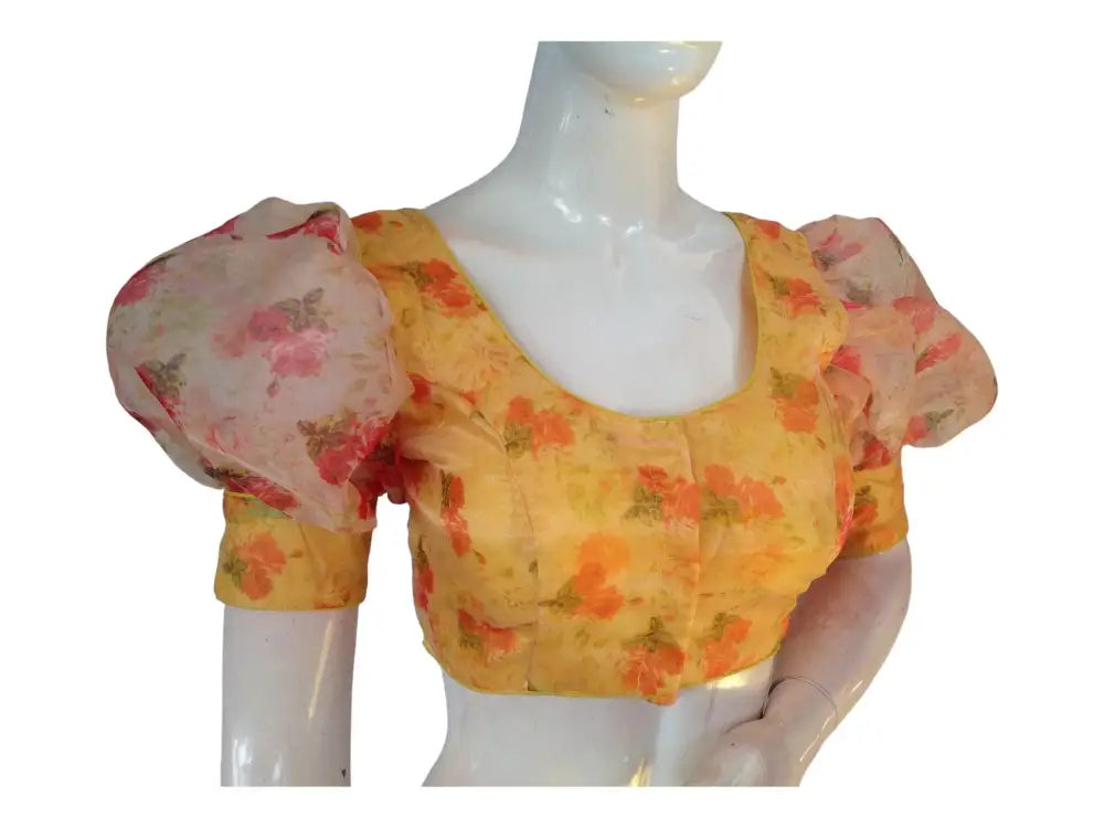Yellow Color Designer Organza Balloon Sleeves Readymade Saree Blouse - D3blouses