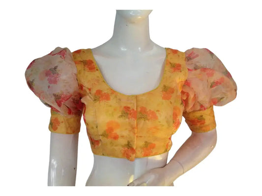Yellow Color Designer Organza Balloon Sleeves Readymade Saree Blouse - D3blouses