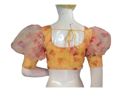 Yellow Color Designer Organza Balloon Sleeves Readymade Saree Blouse - D3blouses
