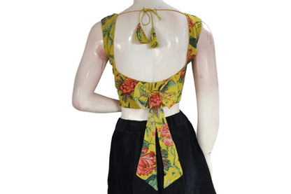 Yellow Color Designer Organza Sleeveless Readymade Saree Blouse With Tassels - D3blouses