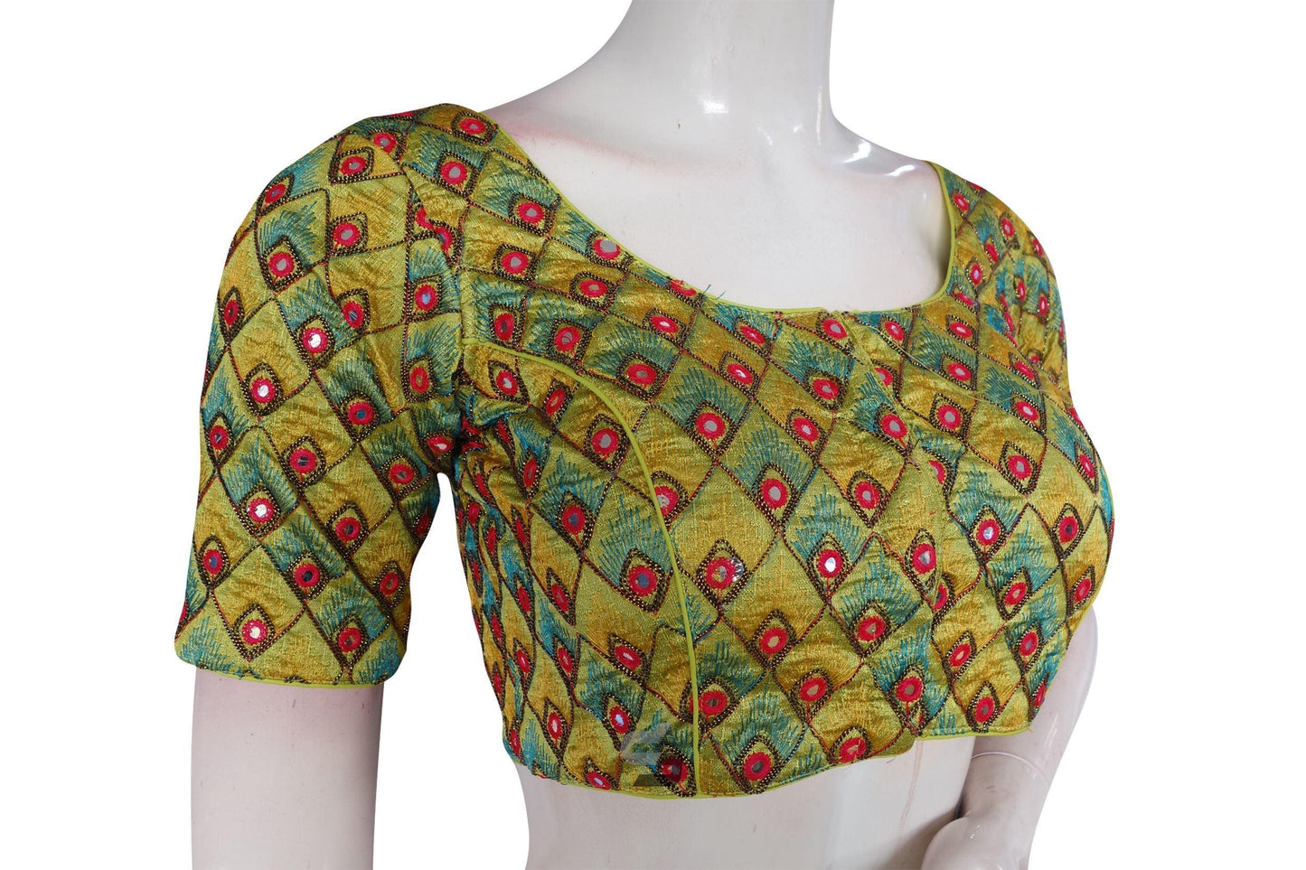 Yellow Color Peacock Embroidery Foil Mirror Readymade Saree Blouse With Matching Mask - D3blouses