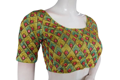 Yellow Color Peacock Embroidery Foil Mirror Readymade Saree Blouse With Matching Mask - D3blouses