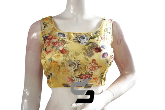 Yellow Color Satin Printed Designer Sleeveless Readymade Saree Blouse With Tassels - D3blouses