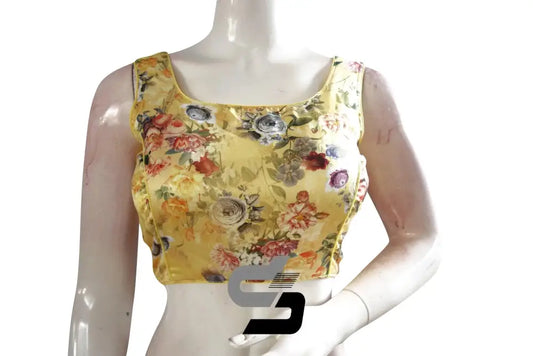 Yellow Color Satin Printed Designer Sleeveless Readymade Saree Blouse With Tassels - D3blouses