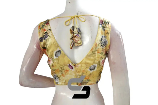 Yellow Color Satin Printed Designer Sleeveless Readymade Saree Blouse With Tassels - D3blouses