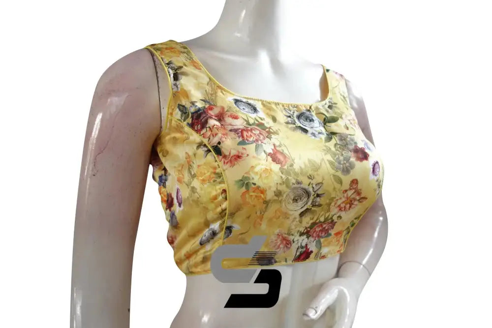 Yellow Color Satin Printed Designer Sleeveless Readymade Saree Blouse With Tassels - D3blouses