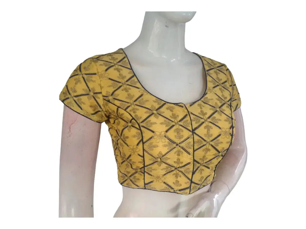 Yellow Color Semi Silk Designer Embroidery Readymade Saree Blouse - D3blouses