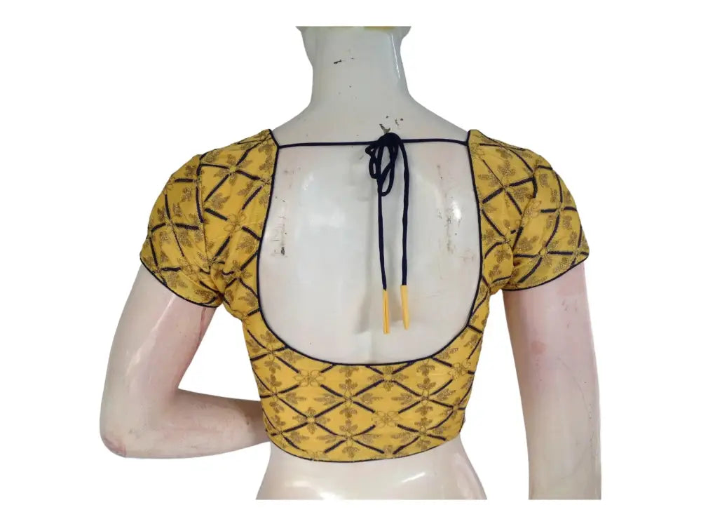 Yellow Color Semi Silk Designer Embroidery Readymade Saree Blouse - D3blouses