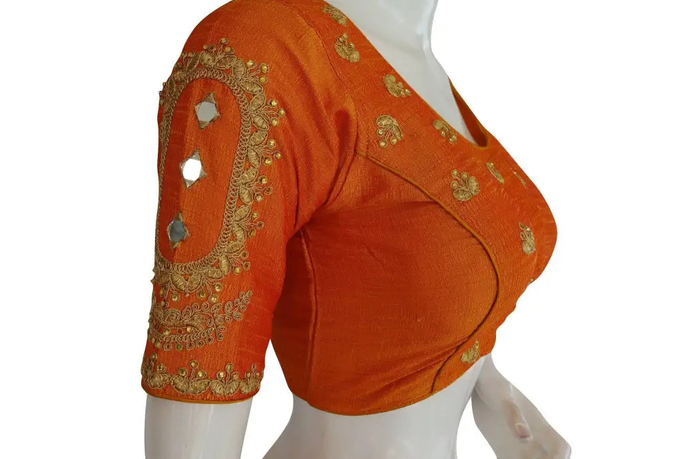 Yellow High Neck Embroidered Readymade Blouse: Mirror Detail, Indian Crop Top - D3blouses
