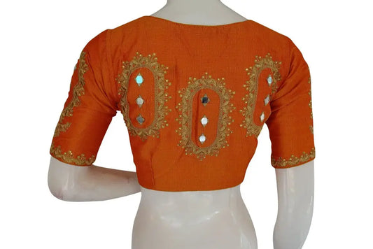 Yellow High Neck Embroidered Readymade Blouse: Mirror Detail, Indian Crop Top - D3blouses