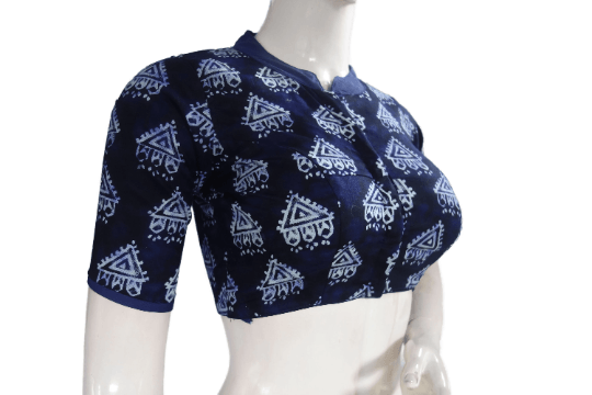 Indigo Color Cotton Designer Collar Neck Readymade Blouse With Matching Mask - D3blouses