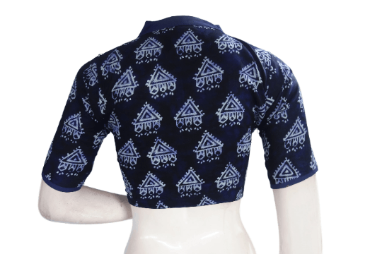 Indigo Color Cotton Designer Collar Neck Readymade Blouse With Matching Mask - D3blouses