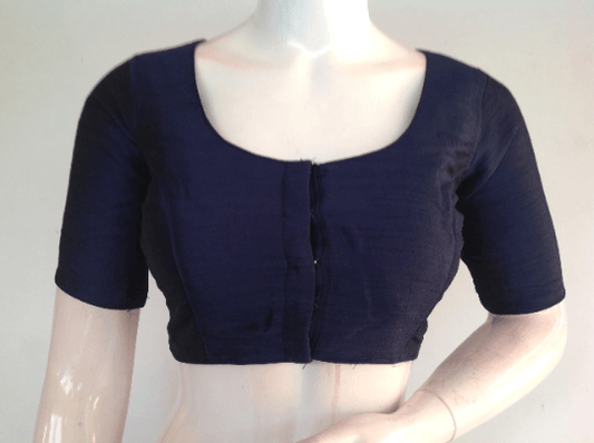 Navy Blue Color Plain Semi Silk Readymade Saree Blouse, Indian Readymade Blouse - D3blouses