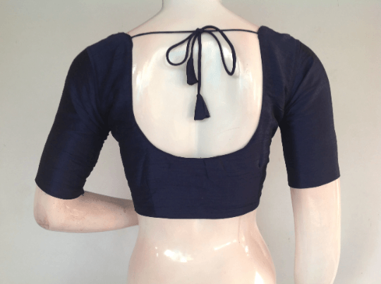 Navy Blue Color Plain Semi Silk Readymade Saree Blouse, Indian Readymade Blouse - D3blouses