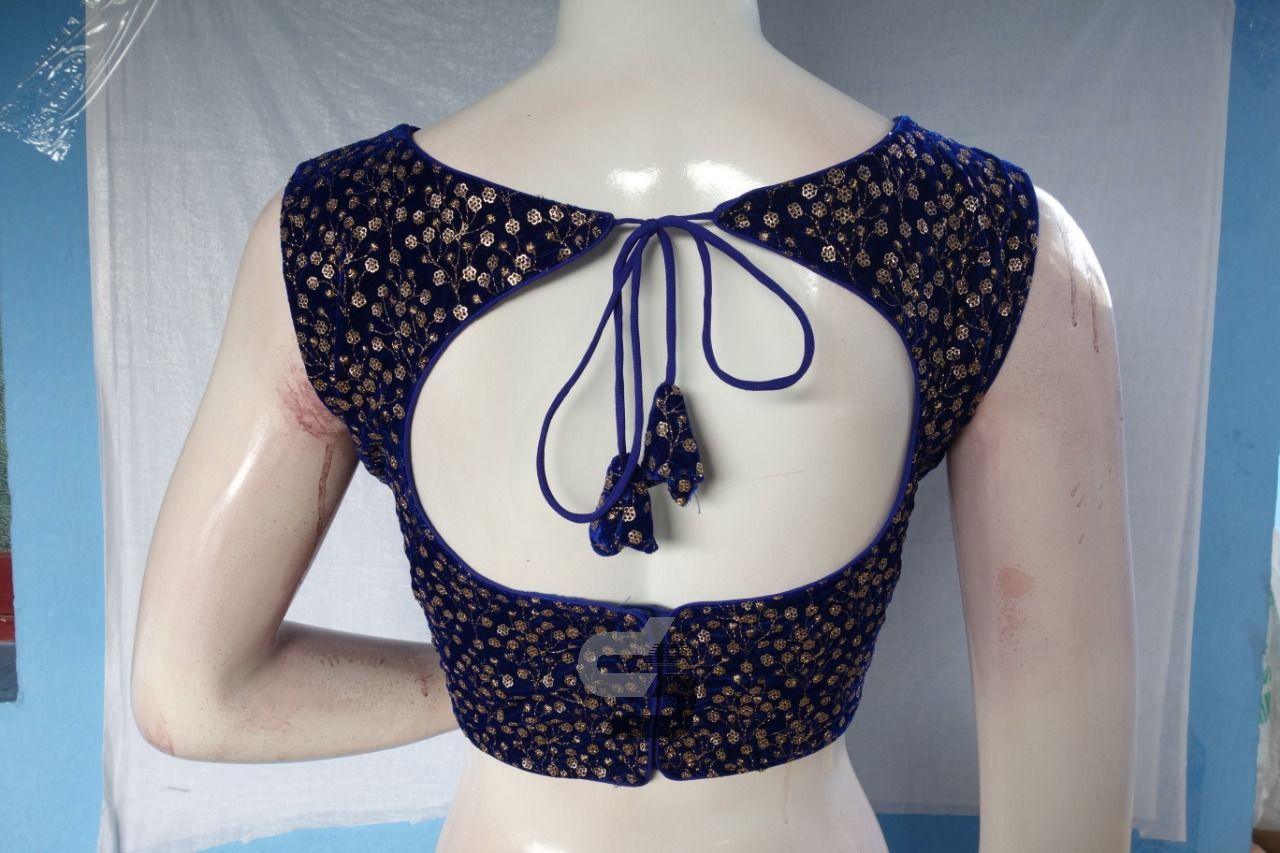 Royal Blue Color Designer Velvet Sequin Designer Readymade Saree Blouse - D3blouses