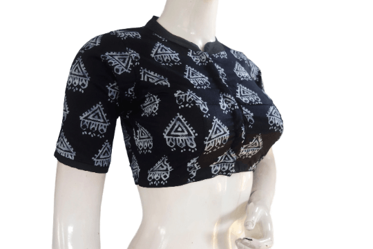 Black Color Cotton Designer Collar Neck Readymade Blouse With Matching Mask - D3blouses