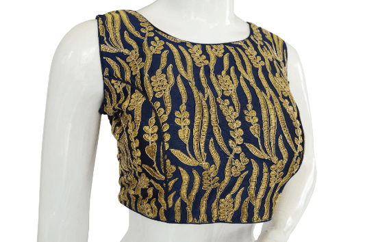 Navy Blue Color Designer Embroidered Readymade Blouse - D3blouses