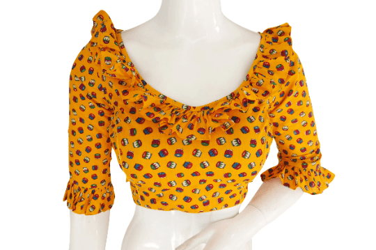 Cotton Printed Designer Bell Sleeve Readymade Blouse with Matching Mask - D3blouses