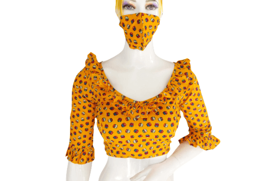Cotton Printed Designer Bell Sleeve Readymade Blouse with Matching Mask - D3blouses