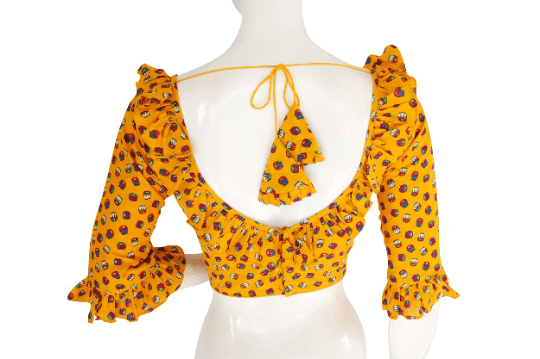 Cotton Printed Designer Bell Sleeve Readymade Blouse with Matching Mask - D3blouses