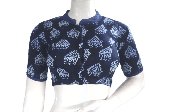 Indigo Color Cotton Designer Collar Neck Readymade Blouse With Matching Mask - D3blouses