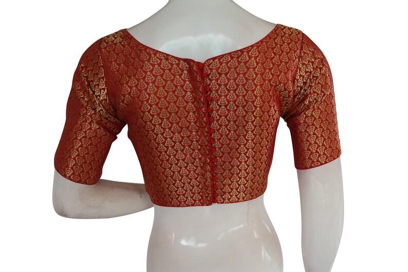 Red Color Brocade Silk Designer Boat Neck Readymade saree blouse with Potli Button , Indian Silk saree Readymade blouse - D3blouses