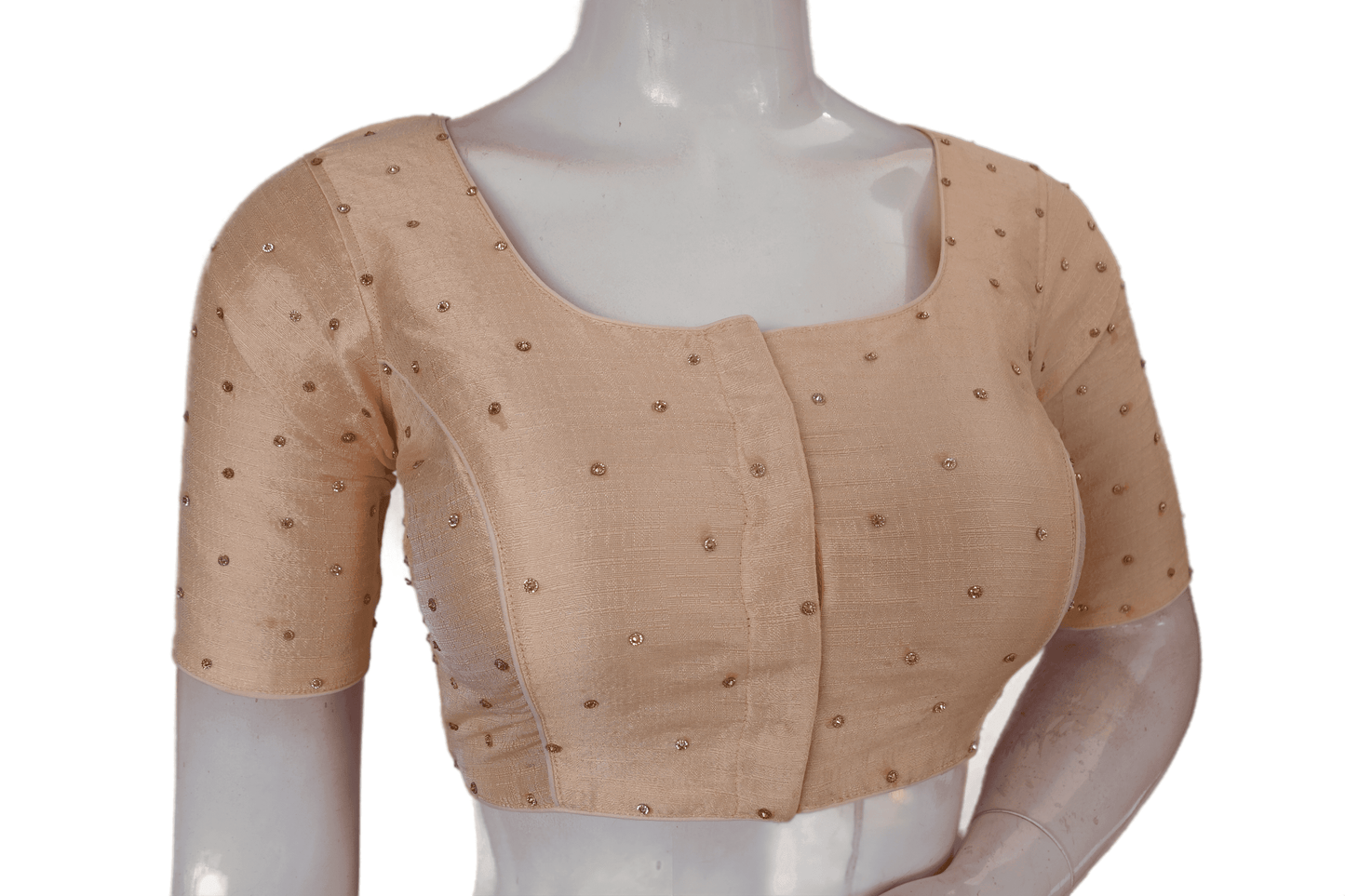 Peach Perfection: Exquisite Plain Moti Stone Work Indian Saree Readymade Blouse. Elevate Your Elegance with This Stunning Piece, Perfect for Any Special Occasion. Timeless Style and Sophistication.