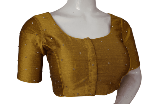 Mustard Marvel: Elegant Plain Moti Stone Work Indian Saree Readymade Blouse. A Stunning Addition to Your Wardrobe for Timeless Style and Sophistication. Perfect for Any Occasion.