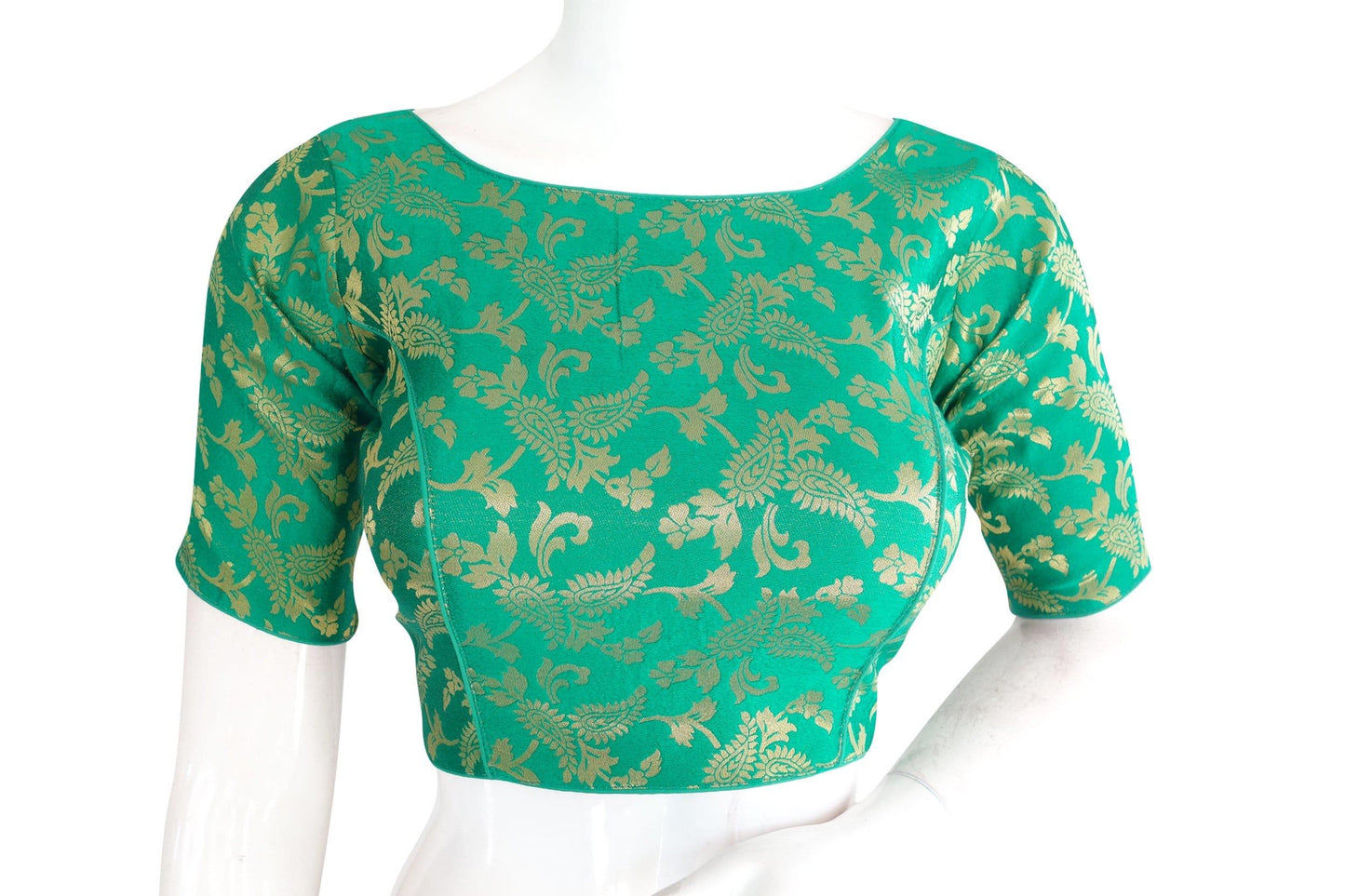 green color brocade silk boat neck designer readymade blouse 1
