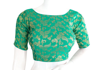 green color brocade silk boat neck designer readymade blouse 1