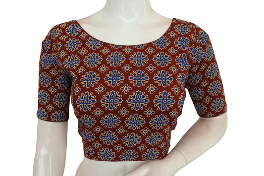 Maroon Color Ajrakh Cotton Boat Neck Saree Designer Blouse, Indian Readymade Blouse - D3blouses