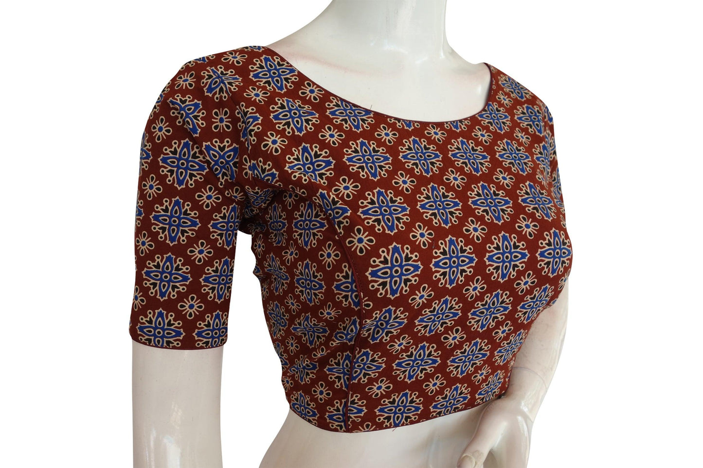 Maroon Color Ajrakh Cotton Boat Neck Saree Designer Blouse, Indian Readymade Blouse - D3blouses