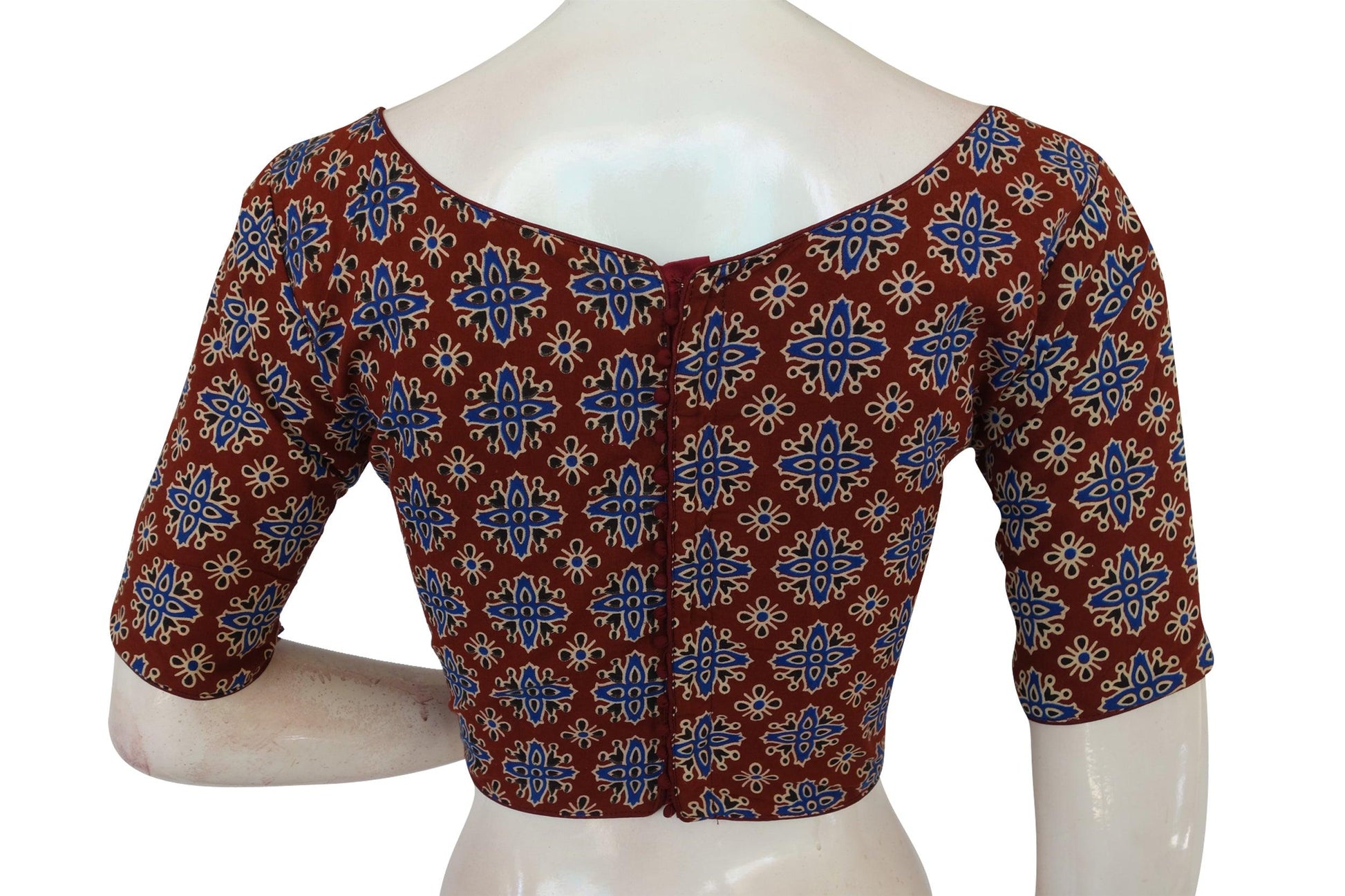 Maroon Color Ajrakh Cotton Boat Neck Saree Designer Blouse, Indian Readymade Blouse - D3blouses