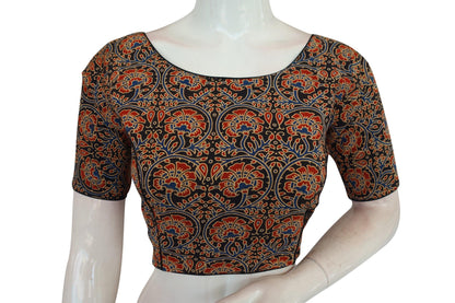 Black Color Ajrakh Cotton Boat Neck Saree Designer Blouse