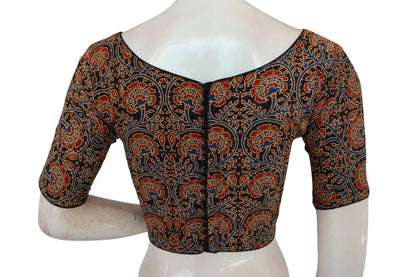 Black Color Ajrakh Cotton Boat Neck Saree Designer Blouse