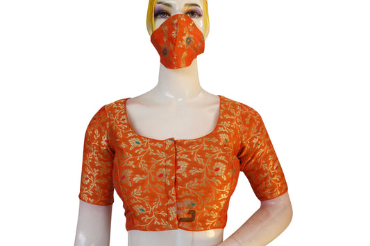 Orange Color Banaras Brocade Silk Readymade Saree Blouse With Matching Mask