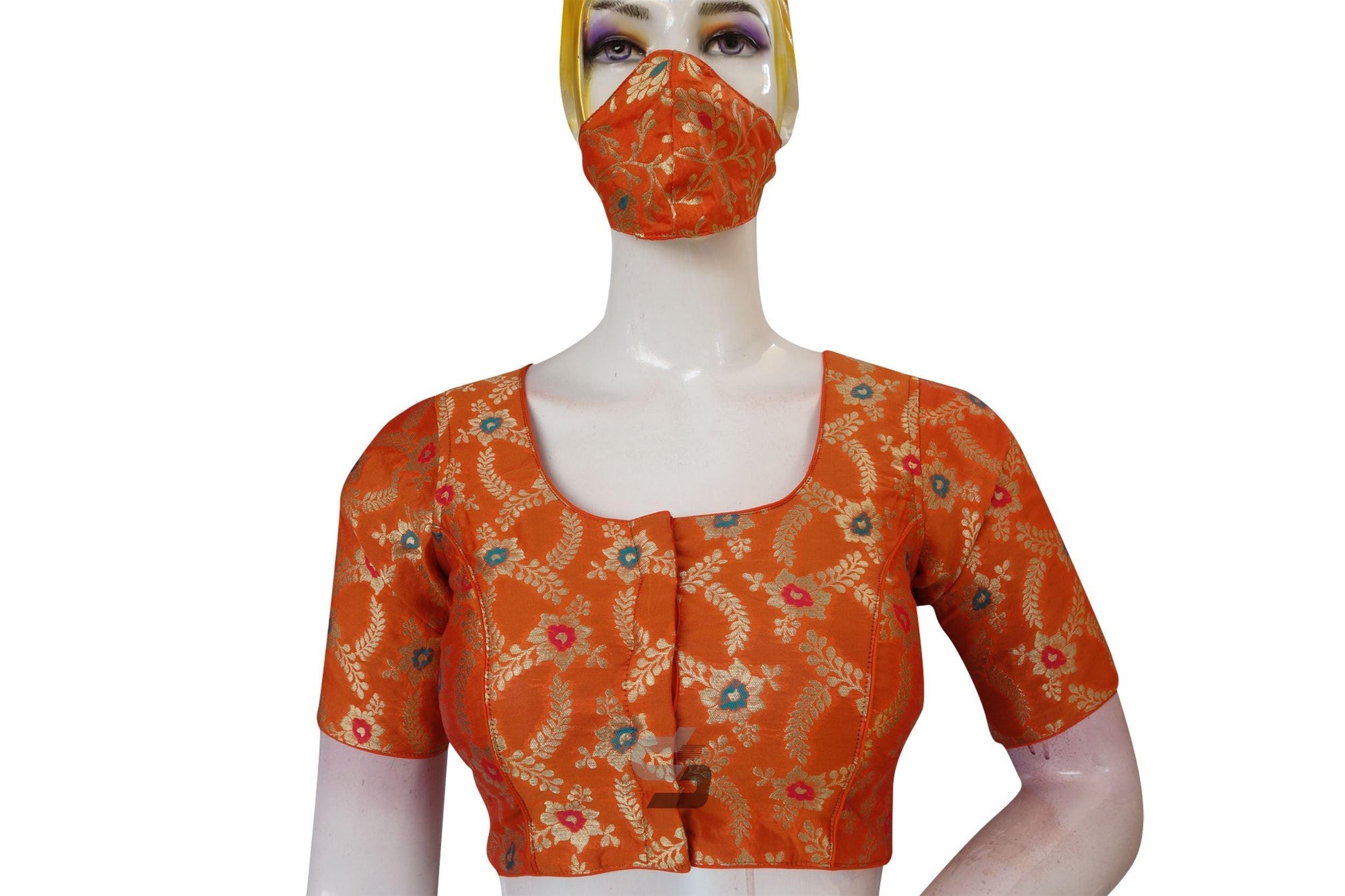Orange Color Banaras Brocade Silk Readymade Saree Blouse With Matching Mask - D3blouses