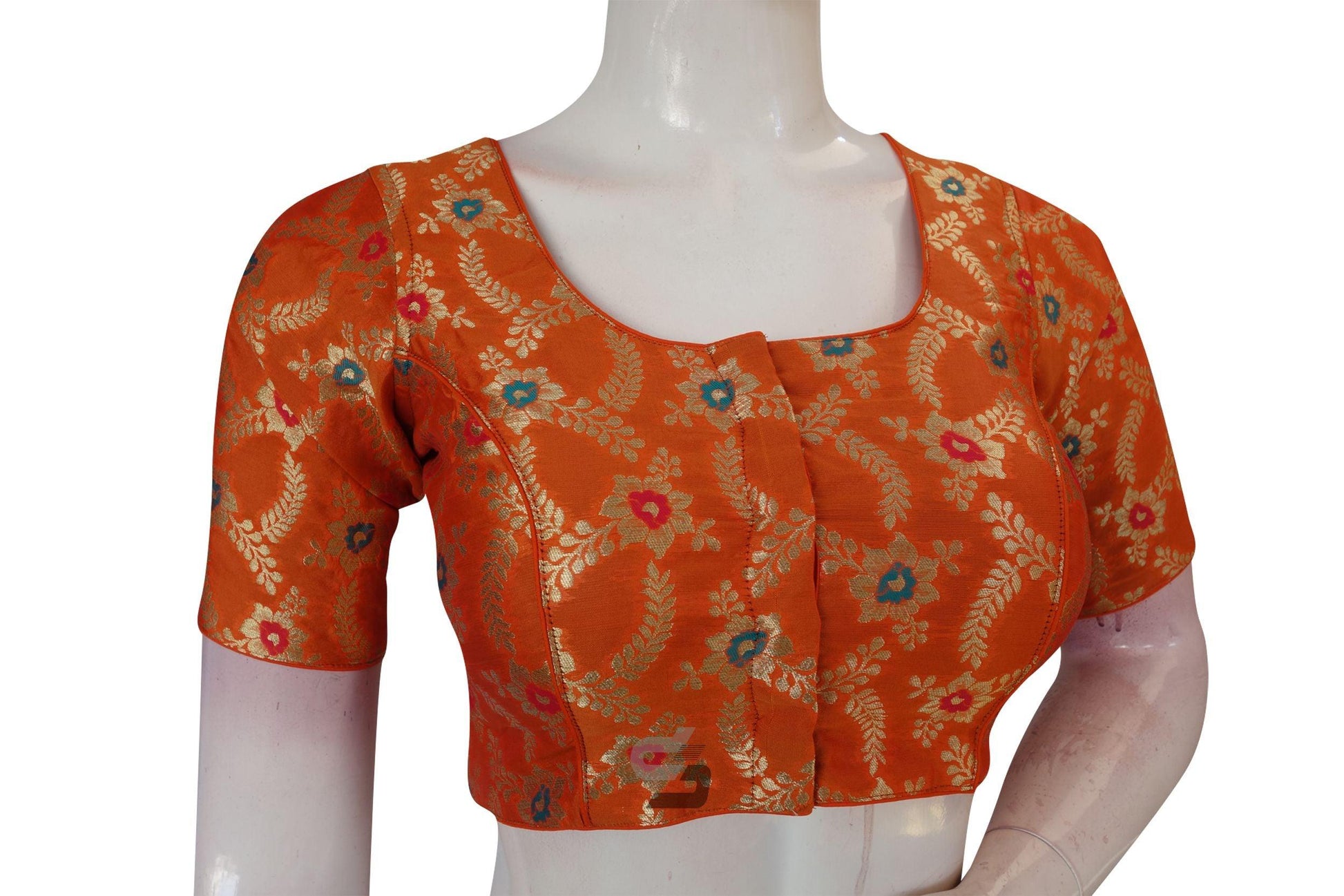 Orange Color Banaras Brocade Silk Readymade Saree Blouse With Matching Mask - D3blouses