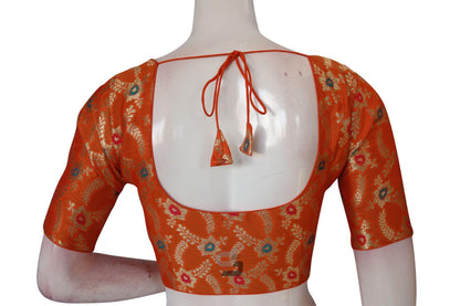 Orange Color Banaras Brocade Silk Readymade Saree Blouse With Matching Mask - D3blouses