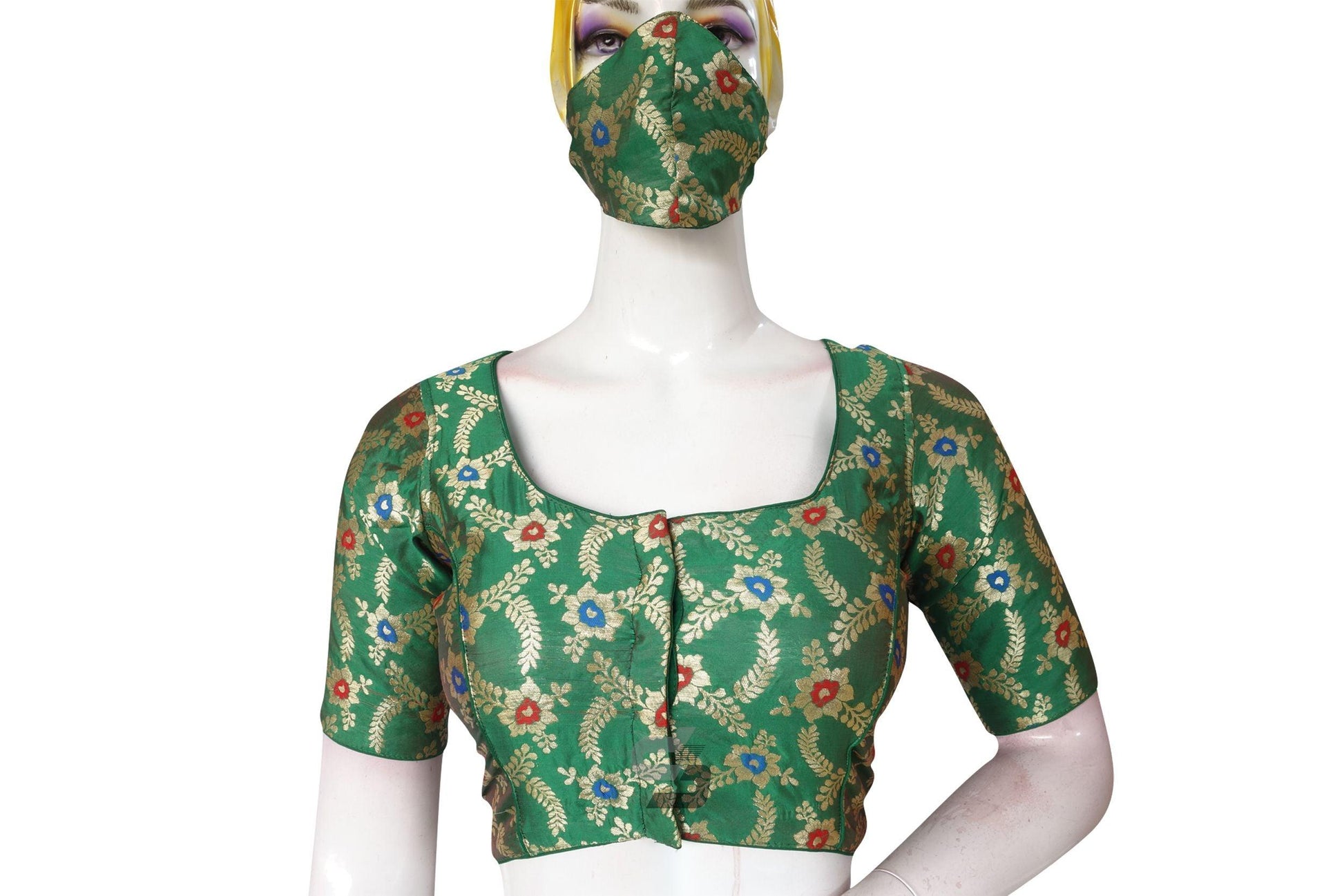 Green Color Banaras Brocade Silk Readymade Saree Blouse With Matching Mask - D3blouses
