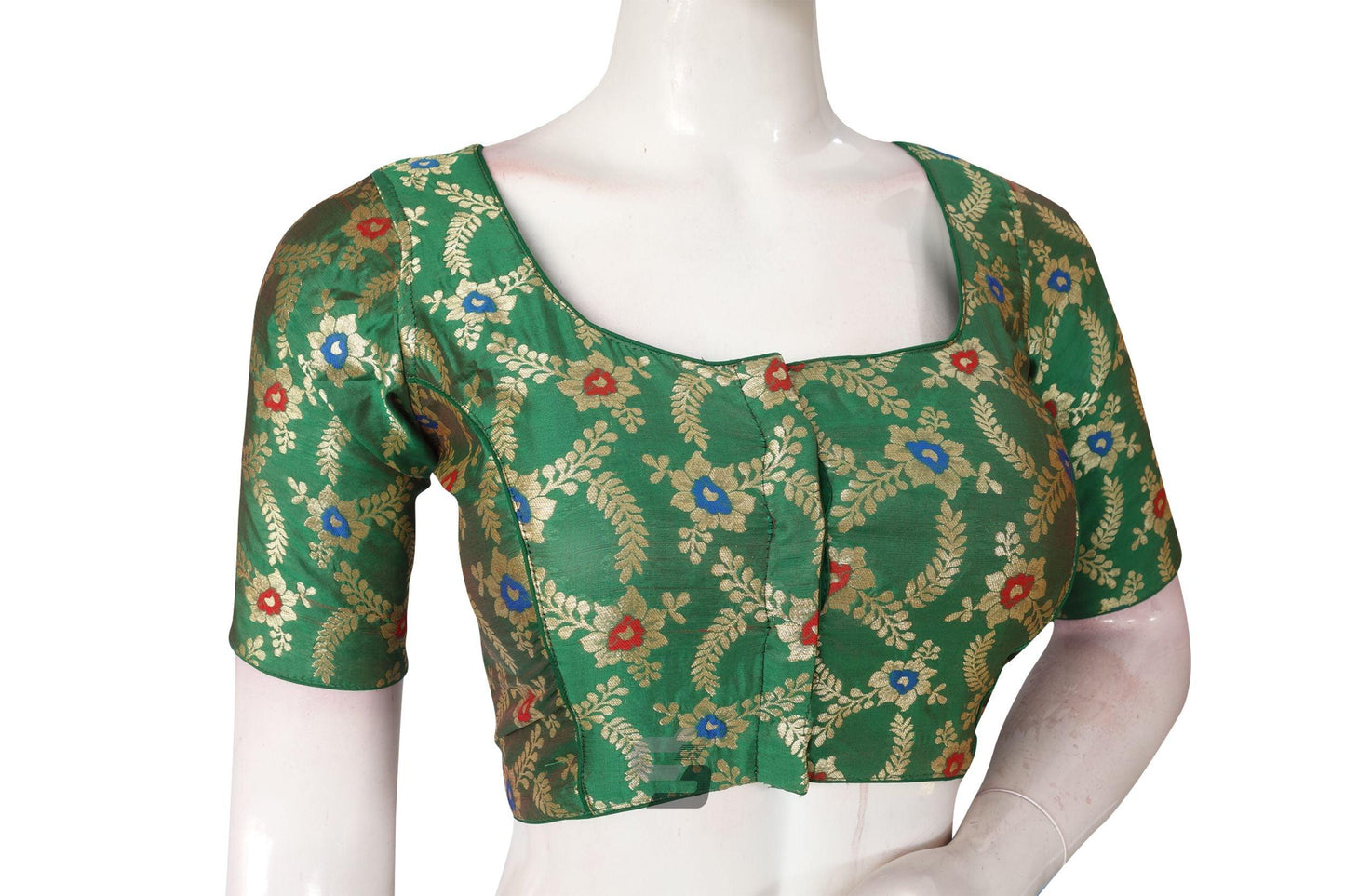 Green Color Banaras Brocade Silk Readymade Saree Blouse With Matching Mask - D3blouses