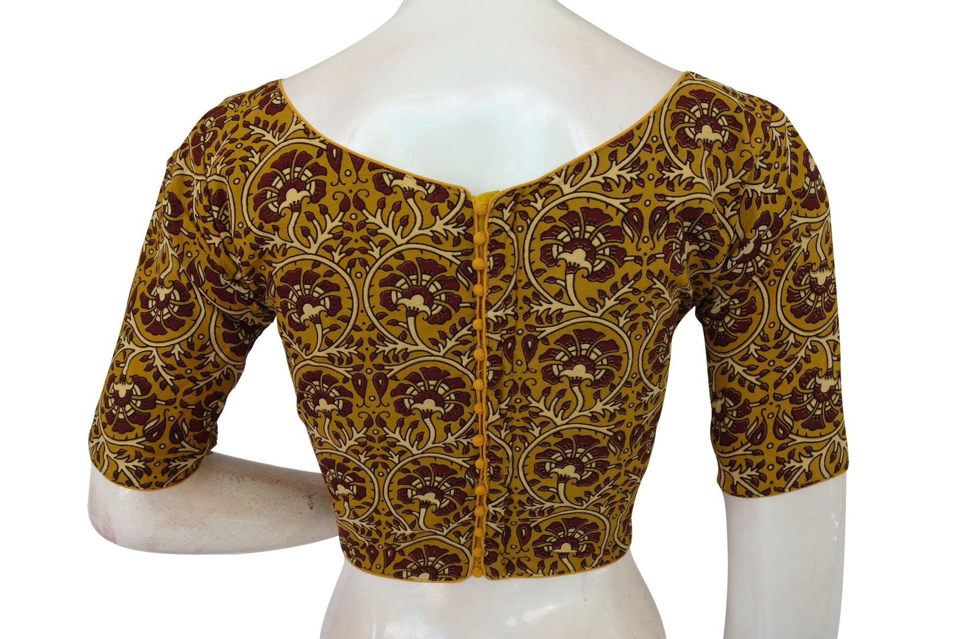 Mustard Yellow Color Ajrakh Cotton Boat Neck Saree Designer Blouse - D3blouses